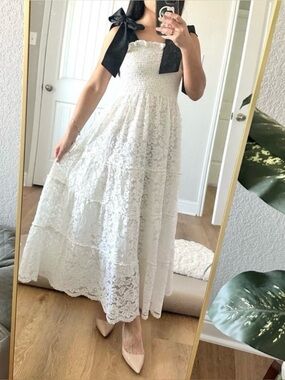 NWT Hill House The Lace Ribbon Ellie Nap Dress in White Lace with Black Ribbon